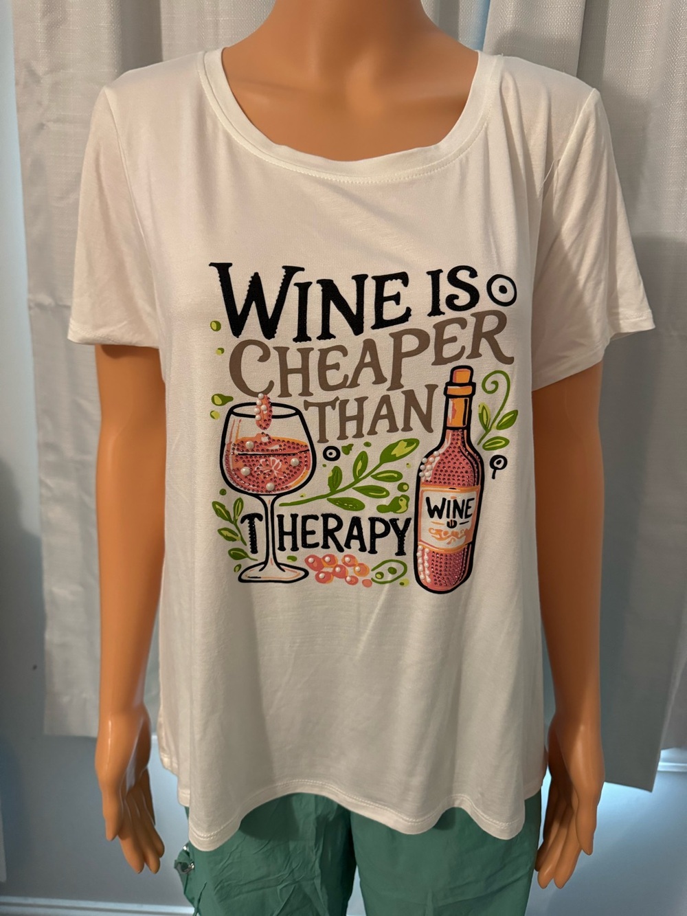 Cute Cyrus size L Wine is cheaper than therapy white short sleeve shirt new